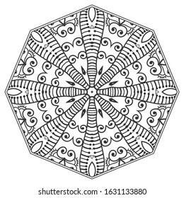 Mandala isolated design element, geometric line pattern. Stylized floral round ornament. Zen doodle art, monochrome sketch for coloring book page, textile fabric print. Black and white illustration
