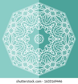 Mandala isolated design element, geometric line pattern. Stylized floral round ornament. Doodle art for textile fabric or paper print. Lace background. Hand drawn vector illustration
