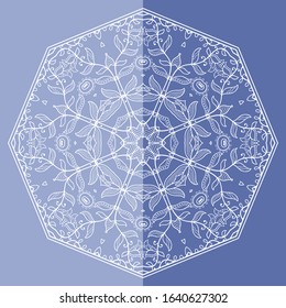 Mandala isolated design element, geometric line pattern. Stylized floral round ornament. Doodle art for textile fabric or paper print. Lace background. Hand drawn vector illustration