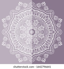 Mandala isolated design element, geometric line pattern. Stylized floral round ornament. Doodle art for textile fabric or paper print. Lace background. Hand drawn vector illustration