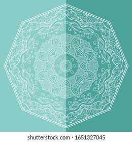 Mandala isolated design element, geometric line pattern. Stylized floral round ornament. Doodle art for textile fabric or paper print. Lace background. Hand drawn vector illustration