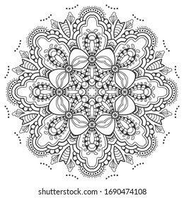 Mandala isolated design element, geometric line pattern. Stylized floral round ornament. Zen doodle art, monochrome sketch for coloring book page, textile fabric print. Black and white illustration