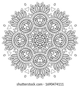 Mandala isolated design element, geometric line pattern. Stylized floral round ornament. Zen doodle art, monochrome sketch for coloring book page, textile fabric print. Black and white illustration