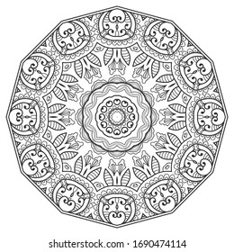 Mandala isoliertes Design-Element, geometrisches Zeilenmuster. Stilvolle, blumengeschmückte Rundschmuck. Zen-Doodle-Kunst, einfarbige Skizze für die farbige Buchseite, Stoffdruck. Schwarz-Weiß-Illustration