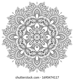 Mandala isolated design element, geometric line pattern. Stylized floral round ornament. Zen doodle art, monochrome sketch for coloring book page, textile fabric print. Black and white illustration
