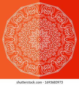 Mandala isolated design element, geometric line pattern. Stylized floral round ornament. Doodle art for textile fabric or paper print. Lace background. Hand drawn vector illustration