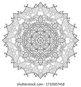 Elemento de diseño aislado de Mandala, patrón de línea geométrica. El adorno floral estilizado. Dibujo en forma de doodle zen, boceto monocromo para colorear página de libro, impresión textil. Ilustración en blanco y negro