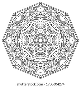 Mandala isolated design element, geometric line pattern. Stylized floral round ornament. Zen doodle art, monochrome sketch for coloring book page, textile fabric print. Black and white illustration