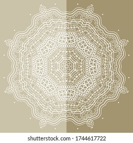 Mandala isolated design element, geometric line pattern. Stylized floral round ornament. Doodle art for textile fabric or paper print. Lace background. Hand drawn vector illustration