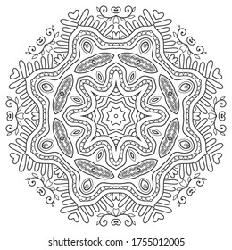 Elemento de diseño aislado de Mandala, patrón de línea geométrica. Ornamento redondo floral estilizado. Arte de doodle zen, boceto monocromo para página de libro de coloreado, impresión de tela textil. Ilustración en blanco y negro