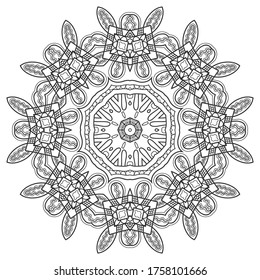 Elemento de diseño aislado de Mandala, patrón de línea geométrica. Ornamento redondo floral estilizado. Arte de doodle zen, boceto monocromo para página de libro de coloreado, impresión de tela textil. Ilustración en blanco y negro
