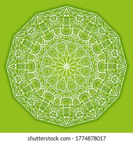 Mandala isolated design element, geometric line pattern. Stylized floral round ornament. Doodle art symbol. Lace background. Hand drawn vector illustration