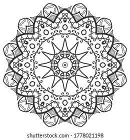 Mandala isolated design element, geometric line pattern. Stylized floral round ornament. Zen doodle art, monochrome sketch for coloring book page, textile fabric print. Black and white illustration