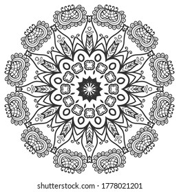 Mandala isolated design element, geometric line pattern. Stylized floral round ornament. Zen doodle art, monochrome sketch for coloring book page, textile fabric print. Black and white illustration