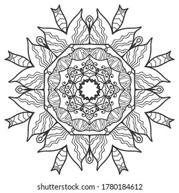 Mandala isolated design element, geometric line pattern. Stylized floral round ornament. Zen doodle art, monochrome sketch for coloring book page, textile fabric print. Black and white illustration