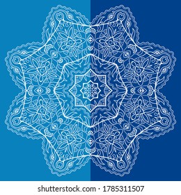 Mandala isolated design element, geometric line pattern. Stylized floral round ornament. Doodle art for textile fabric or paper print. Lace background. Hand drawn vector illustration