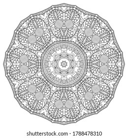 Elemento de diseño aislado de Mandala, patrón de línea geométrica. Ornamento redondo floral estilizado. Arte de doodle zen, boceto monocromo para página de libro de coloreado, impresión de tela textil. Ilustración en blanco y negro