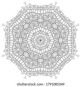 Mandala isolated design element, geometric line pattern. Stylized floral round ornament. Zen doodle art, monochrome sketch for coloring book page, textile fabric print. Black and white illustration