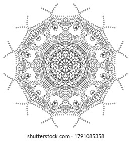 Mandala isoliertes Design-Element, geometrisches Zeilenmuster. Stilvolle, blumengeschmückte Rundschmuck. Zen-Doodle-Kunst, einfarbige Skizze für die farbige Buchseite, Stoffdruck. Schwarz-Weiß-Illustration