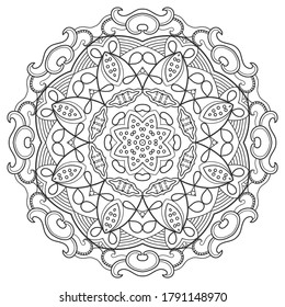 Elemento de diseño aislado de Mandala, patrón de línea geométrica. Ornamento redondo floral estilizado. Arte de doodle zen, boceto monocromo para página de libro de coloreado, impresión de tela textil. Ilustración en blanco y negro