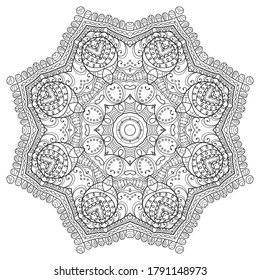 Mandala isolated design element, geometric line pattern. Stylized floral round ornament. Zen doodle art, monochrome sketch for coloring book page, textile fabric print. Black and white illustration