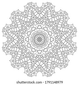 Mandala isolated design element, geometric line pattern. Stylized floral round ornament. Zen doodle art, monochrome sketch for coloring book page, textile fabric print. Black and white illustration