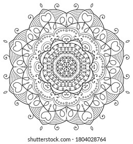 Mandala isolated design element, geometric line pattern. Stylized floral round ornament. Zen doodle art, monochrome sketch for coloring book page, textile fabric print. Black and white illustration