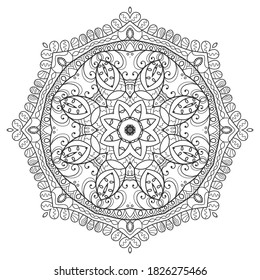 Mandala isolated design element, geometric line pattern. Stylized floral round ornament. Zen doodle art, monochrome sketch for coloring book page, textile fabric print. Black and white illustration