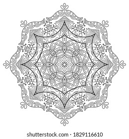 Mandala isolated design element, geometric line pattern. Stylized floral round ornament. Zen doodle art, monochrome sketch for coloring book page, textile fabric print. Black and white illustration