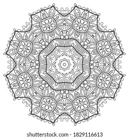 Mandala isolated design element, geometric line pattern. Stylized floral round ornament. Zen doodle art, monochrome sketch for coloring book page, textile fabric print. Black and white illustration