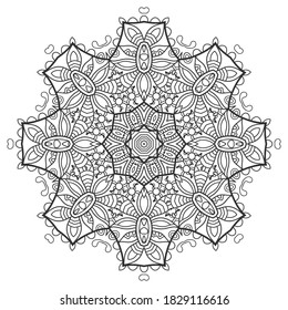 Mandala isolated design element, geometric line pattern. Stylized floral round ornament. Zen doodle art, monochrome sketch for coloring book page, textile fabric print. Black and white illustration