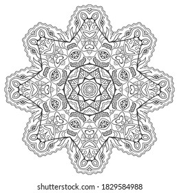 Mandala isolated design element, geometric line pattern. Stylized floral round ornament. Zen doodle art, monochrome sketch for coloring book page, textile fabric print. Black and white illustration