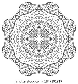 Mandala isolated design element, geometric line pattern. Stylized floral round ornament. Zen doodle art, monochrome sketch for coloring book page, textile fabric print. Black and white illustration