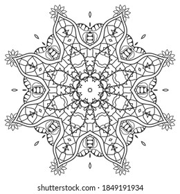 Mandala isolated design element, geometric line pattern. Stylized floral round ornament. Zen doodle art, monochrome sketch for coloring book page, textile fabric print. Black and white illustration