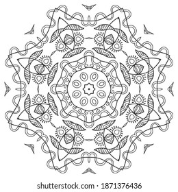 Mandala isolated design element, geometric line pattern. Stylized floral round ornament. Zen doodle art, monochrome sketch for coloring book page, textile fabric print. Black and white illustration