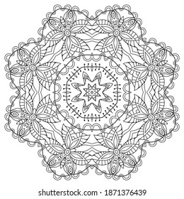 Mandala isolated design element, geometric line pattern. Stylized floral round ornament. Zen doodle art, monochrome sketch for coloring book page, textile fabric print. Black and white illustration