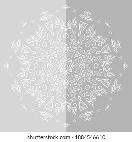 Elemento de diseño aislado de Mandala, patrón de línea geométrica. Ornamento redondo floral estilizado. Dibujo de cartón para tela textil o papel impreso. Fondo de encaje. Ilustración vectorial dibujada por mano