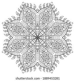Elemento de diseño aislado de Mandala, patrón de línea geométrica. Ornamento redondo floral estilizado. Arte de doodle zen, boceto monocromo para página de libro de coloreado, impresión de tela textil. Ilustración en blanco y negro