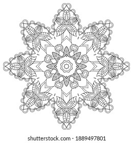 Elemento de diseño aislado de Mandala, patrón de línea geométrica. Ornamento redondo floral estilizado. Arte de doodle zen, boceto monocromo para página de libro de coloreado, impresión de tela textil. Ilustración en blanco y negro