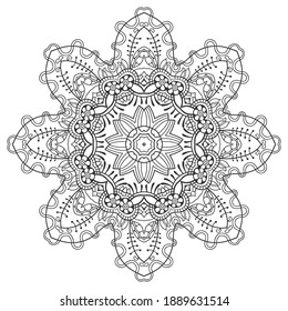 Elemento de diseño aislado de Mandala, patrón de línea geométrica. Ornamento redondo floral estilizado. Arte de doodle zen, boceto monocromo para página de libro de coloreado, impresión de tela textil. Ilustración en blanco y negro
