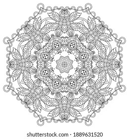 Mandala isolated design element, geometric line pattern. Stylized floral round ornament. Zen doodle art, monochrome sketch for coloring book page, textile fabric print. Black and white illustration