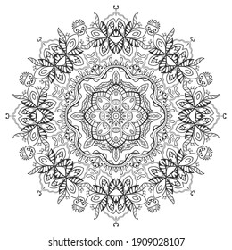 Mandala isolated design element, geometric line pattern. Stylized floral round ornament. Zen doodle art, monochrome sketch for coloring book page, textile fabric print. Black and white illustration