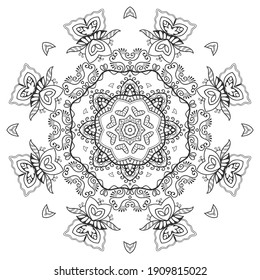 Mandala isolated design element, geometric line pattern. Stylized floral round ornament. Zen doodle art, monochrome sketch for coloring book page, textile fabric print. Black and white illustration