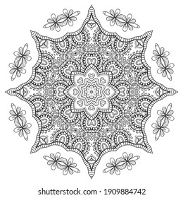 Mandala isolated design element, geometric line pattern. Stylized floral round ornament. Zen doodle art, monochrome sketch for coloring book page, textile fabric print. Black and white illustration