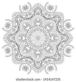 Mandala isolated design element, geometric line pattern. Stylized floral round ornament. Zen doodle art, monochrome sketch for coloring book page, textile fabric print. Black and white illustration