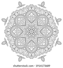 Mandala isolated design element, geometric line pattern. Stylized floral round ornament. Zen doodle art, monochrome sketch for coloring book page, textile fabric print. Black and white illustration