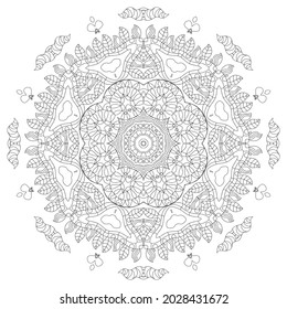Mandala isolated design element, geometric line pattern. Stylized floral round ornament. Zen doodle art, monochrome sketch for coloring book page, textile fabric print. Black and white illustration