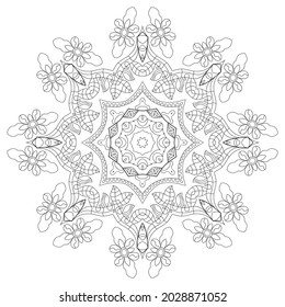 Elemento de diseño aislado de Mandala, patrón de línea geométrica. Ornamento redondo floral estilizado. Arte de doodle zen, boceto monocromo para página de libro de coloreado, impresión de tela textil. Ilustración en blanco y negro