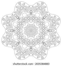 Mandala isolated design element, geometric line pattern. Stylized floral round ornament. Zen doodle art, monochrome sketch for coloring book page, textile fabric print. Black and white illustration