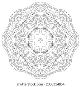 Mandala isolated design element, geometric line pattern. Stylized floral round ornament. Zen doodle art, monochrome sketch for coloring book page, textile fabric print. Black and white illustration